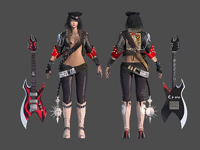 Human Female Character With Black Hat Red Black Guitar Leather Outfit And Boots 3d model