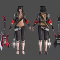 Human Female Character With Black Hat Red Black Guitar Leather Outfit And Boots