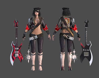 Human Female Character With Black Hat Red Black Guitar Leather Outfit And Boots 3d model