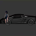 Black Sports Car With Woman In Blue Dress Leaning On Door