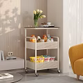 Living Room Interior With Rolling Cart Yellow Tulips Coffee Cup Food Boxes And Orange Chair
