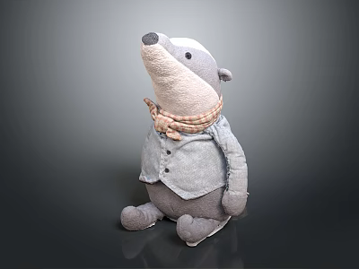 Plush Badger Toy Wearing Gray Coat And Brown Bow Tie Sitting On Dark Surface 3d model