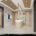 Accessible Public Toilet Interior With Yellow Handrails Modern Tiled Walls And Clean Facilities