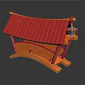 Traditional Chinese Architecture Model With Red Roof Orange Curved Structure And Lantern