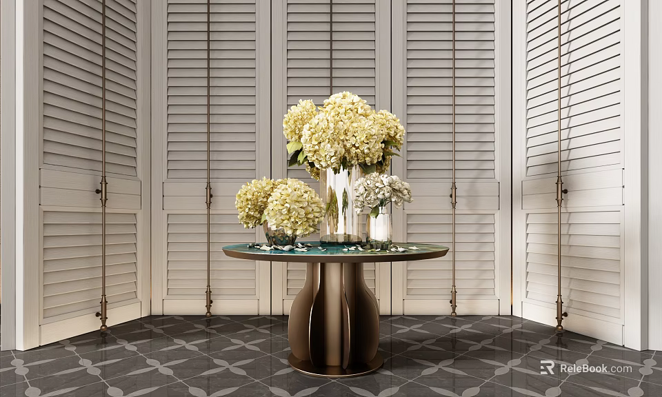White Hydrangeas in Vases on Round Metal Base Table Against Louvered Shutters Indoor Scene 3d model 