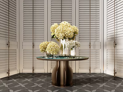 White Hydrangeas in Vases on Round Metal Base Table Against Louvered Shutters Indoor Scene 3d model