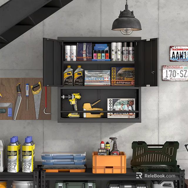 Open Wall Cabinet With Power Tools Spray Cans And Organized Storage In Workshop 3d model