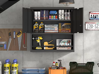 Open Wall Cabinet With Power Tools Spray Cans And Organized Storage In Workshop 3d model