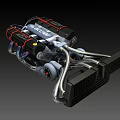Detailed 3D Engine Model With Black Body Red Accent Lines Silver Pipes And Radiator