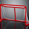 Red Frame Hockey Goal With White Net On Reflective Black Surface 3d model