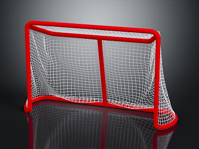 Red Frame Hockey Goal With White Net On Reflective Black Surface 3d model