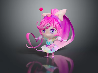 Cute Pink Hair Game Movie Character With Long Ponytail Purple Eyes Heart Decoration Colorful Dress 3d model