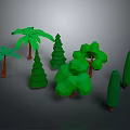 Cartoon Scene Featuring Low Poly Green Trees And Various Plant Shapes