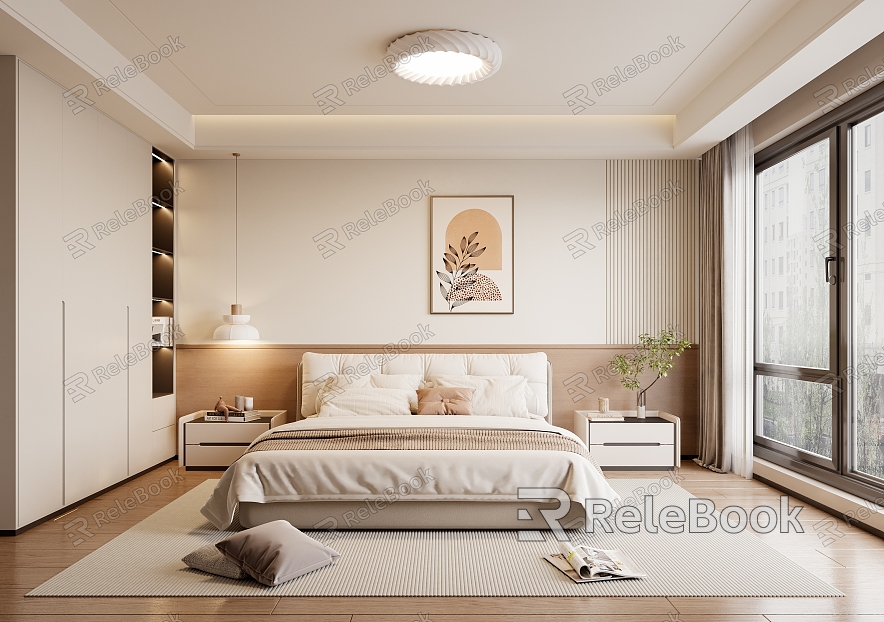 Cream Style Bedroom Double Bed Vase Ornaments Chandelier Wardrobe Book Carpet Curtain Table Lamp model