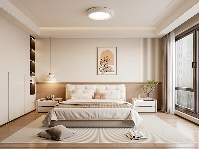 Modern Bedroom Interior With Bed Nightstands Framed Artwork And Ceiling Light 3d model