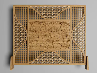 Traditional Wooden Screen with Bamboo Carvings and Intricate Lattice Design 3d model