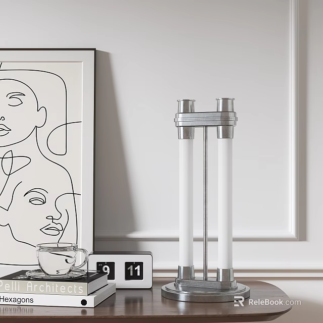 Modern Table Lamp With Silver Top White Cylinders Black White Art And Calendar 3d model 