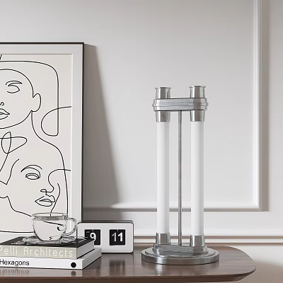 Modern Table Lamp With Silver Top White Cylinders Black White Art And Calendar 3d model