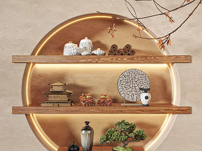 Decorative Ornament Collection on Wooden Shelves with Circular Illuminated Background Pagoda Model and Potted Plant 3d model