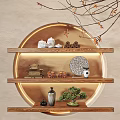 Decorative Ornament Collection on Wooden Shelves with Circular Illuminated Background Pagoda Model and Potted Plant