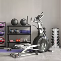 Home Gym Sports Equipment Setup With Elliptical Machine Dumbbells Medicine Balls And Fitness Rack