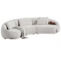 Modern Curved Sectional Sofa In Gray Beige With Plush Pillows And Striped Throw Blankets