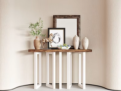 Modern Console Table With Wooden Top White Legs Potted Plant Framed Art Mirror And Vases 3d model