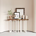 Modern Console Table With Wooden Top White Legs Potted Plant Framed Art Mirror And Vases