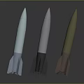 Three Different Colored Rocket Weapons Displayed As 3D Models On Gray Background