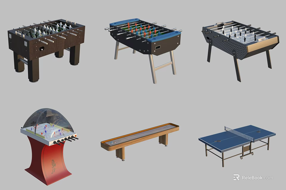 Various Indoor Recreational Game Equipment Types Featuring Foosball Air Hockey Shuffleboard and Ping Pong Tables 3d model 