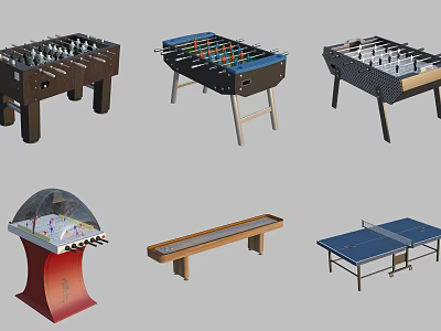 Various Indoor Recreational Game Equipment Types Featuring Foosball Air Hockey Shuffleboard and Ping Pong Tables 3d model