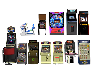 Diverse Collection of Entertainment Appliances Including Arcade Slot and Pinball Machines 3d model