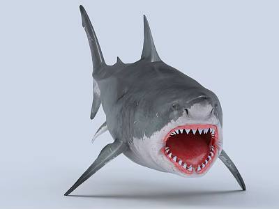 Realistic Great White Shark With Open Mouth And Sharp Teeth In Blue Water 3d model