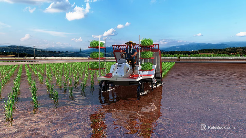 Scenic Rice Paddy Field With Green Seedlings Blue Sky And Distant Mountains 3d model 
