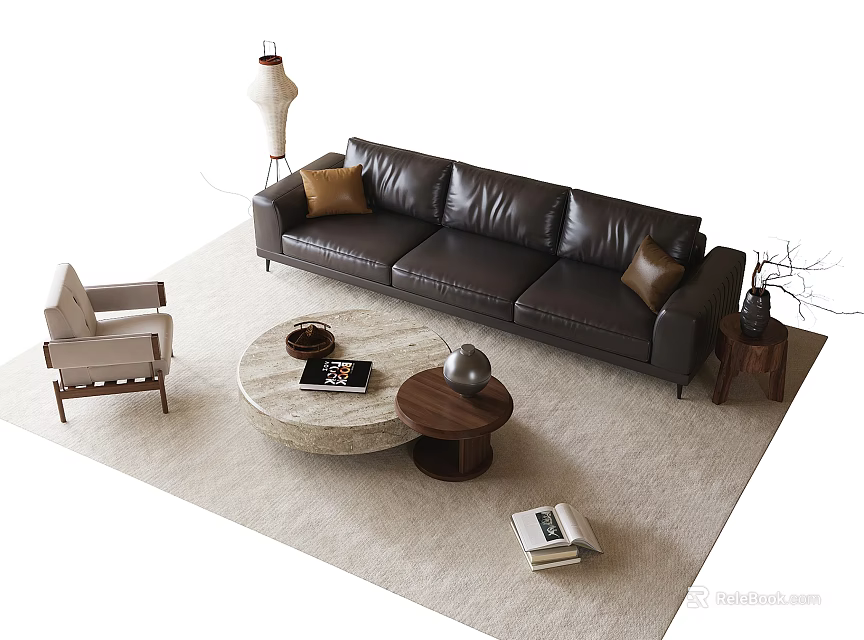 Modern Black Leather Sofa And Round Marble Coffee Table Set With Brown Cushions Beige Carpet 3d model 