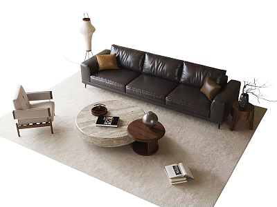 Modern Black Leather Sofa And Round Marble Coffee Table Set With Brown Cushions Beige Carpet 3d model