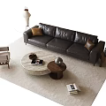 Modern Black Leather Sofa And Round Marble Coffee Table Set With Brown Cushions Beige Carpet
