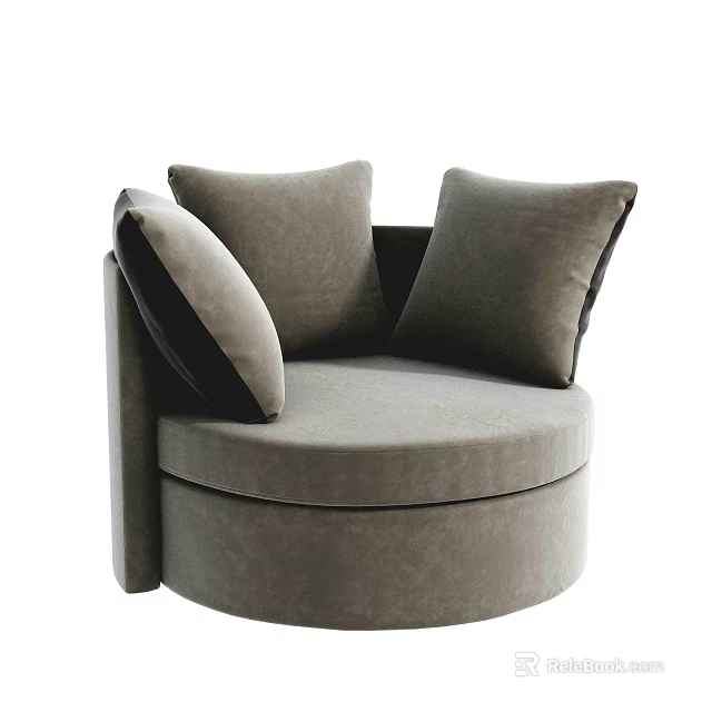 Elegant Gray Velvet Circular Single Sofa With Modern Design And Soft Cushions 3d model 