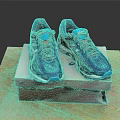 Blue Running Shoes With Multi Colored Laces And Supportive Sole On Brand Box