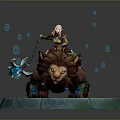 Warrior Character Riding Armored Lion Like Creature With Purple Saddle On Glowing Stone Base