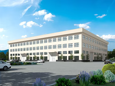 Industrial Factory Building Exterior With Multiple Windows Parking Lot And Greenery Under Blue Sky 3d model