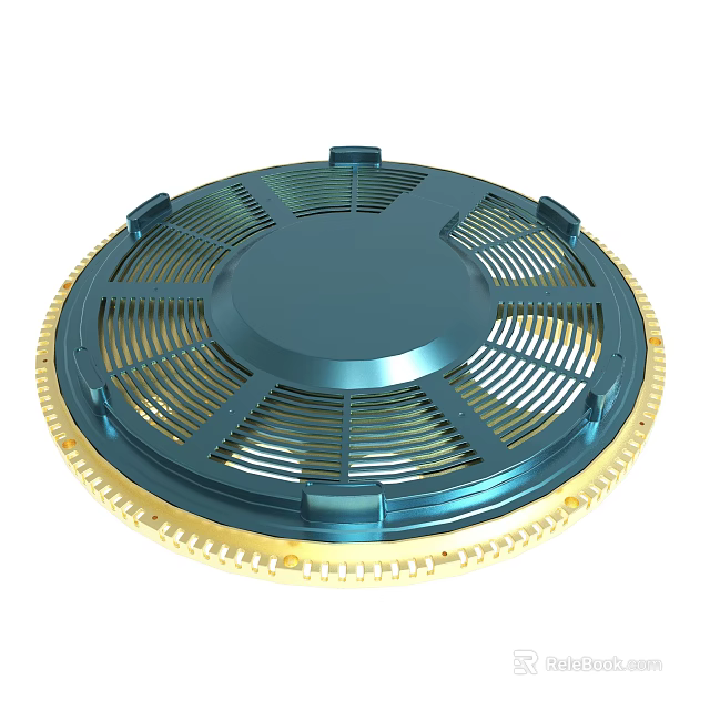 Circular Fan Cover With Blue Main Body Golden Edge And Grille Design 3d model 