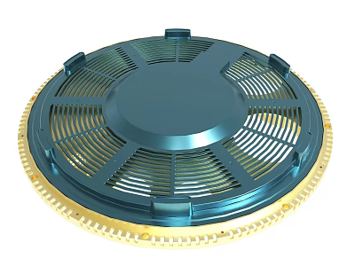 Circular Fan Cover With Blue Main Body Golden Edge And Grille Design 3d model