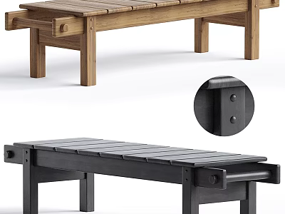 Modern Slatted Wooden And Black Bench Design With Solid Wood Legs And Durable Joinery 3d model