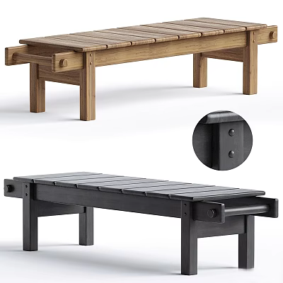 Modern Slatted Wooden And Black Bench Design With Solid Wood Legs And Durable Joinery 3d model