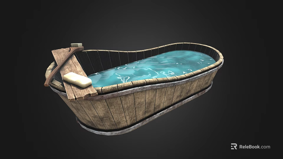 Rustic Wooden Bathtub With Clear Water Soap And Wooden Rack 3d model 