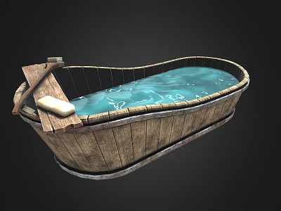 Rustic Wooden Bathtub With Clear Water Soap And Wooden Rack 3d model
