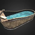 Rustic Wooden Bathtub With Clear Water Soap And Wooden Rack