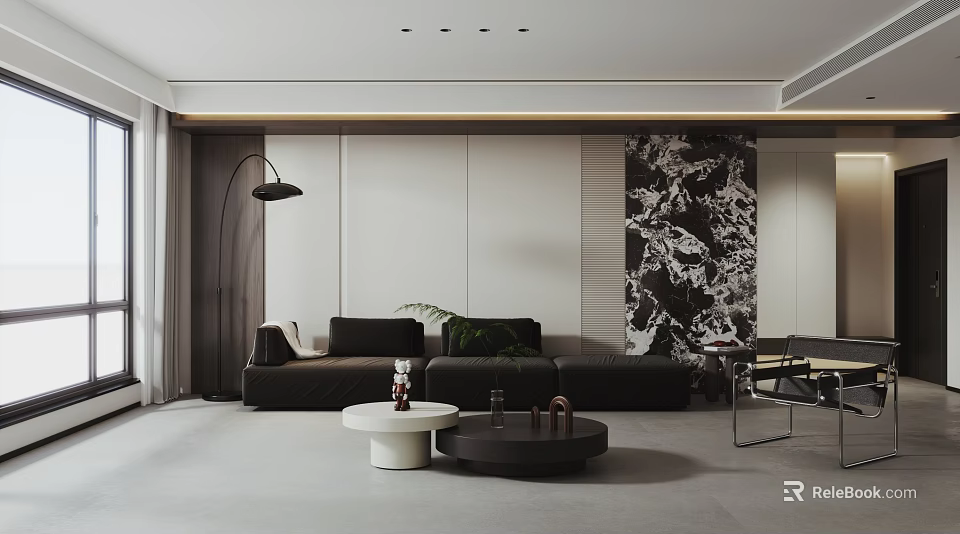 Modern Luxury Living Room Interior With Black Sofa Marble Accent Wall And Round Coffee Table 3d model 