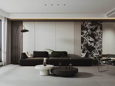 Modern Luxury Living Room Interior With Black Sofa Marble Accent Wall And Round Coffee Table 3d model